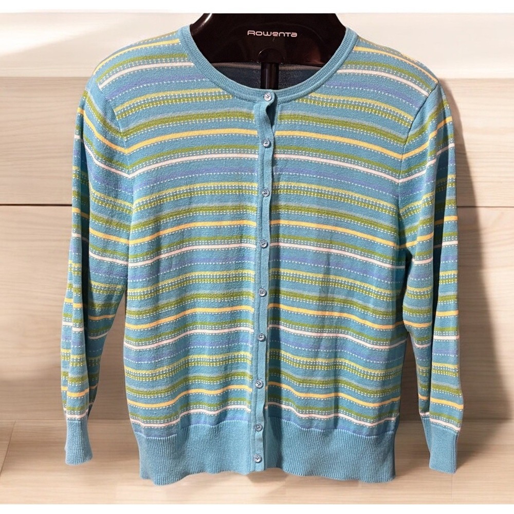 Izod Blue Cardigan Button Sweater Cotton Striped Knit Women's L Nautical